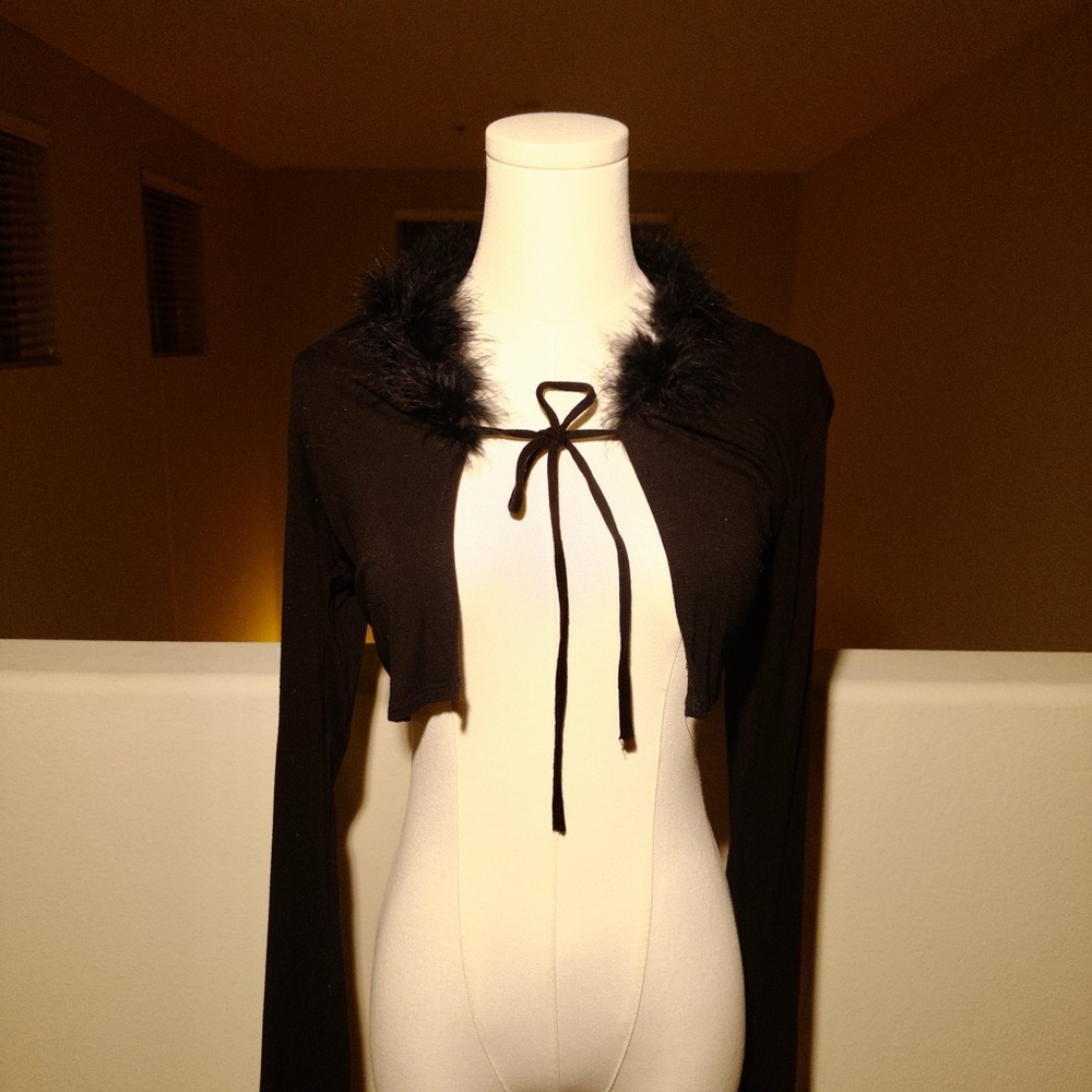Black Cropped Cardigan with Faux Fur Collar